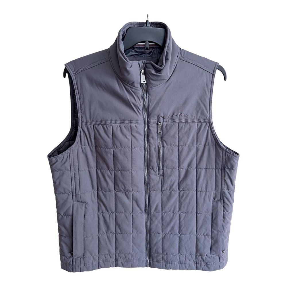 ORVIS Gray Quilted Vest Sleeveless LARGE Jacket Mens Zip Pockets Hiking Casual